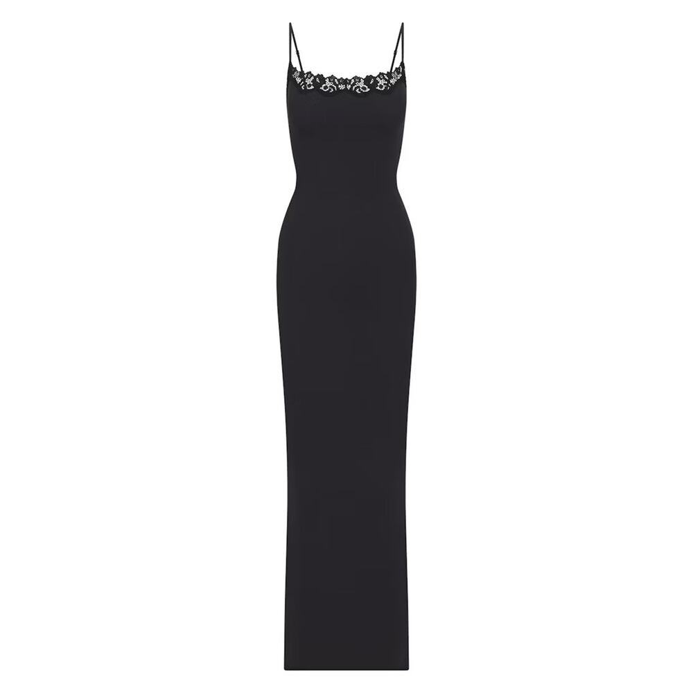 Skims Fits Everybody Lace Long Slip Dress Size XS Onyx Black NWT